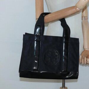 TORY BURCH Tote Bag Nylon Enamel Black Gold Auth